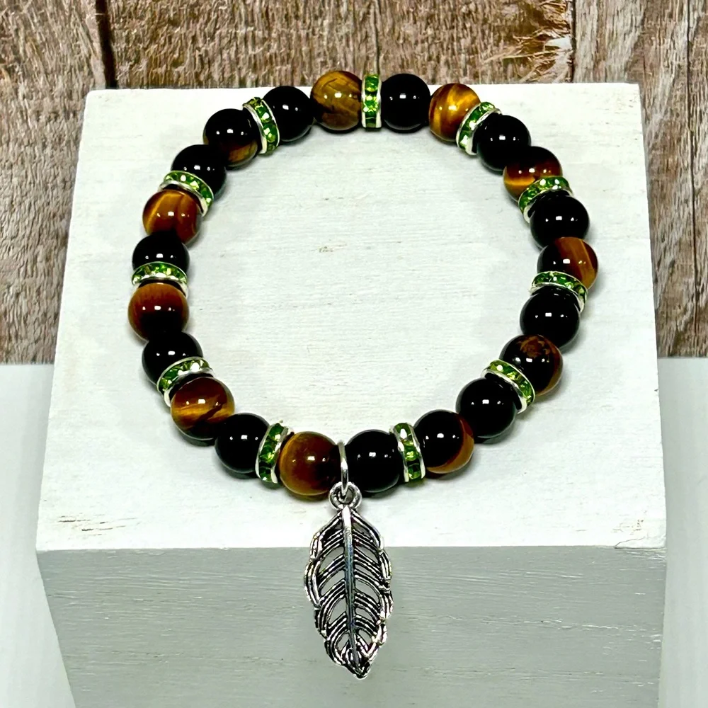 Handmade Feather Charm Bracelet with Natural Tiger Eye Stones! - Picture 5 of 8